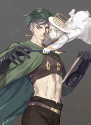  2boys abs crop_top earrings gloves green_eyes green_hair green_jacket headband heaven&#039;s_door holding holding_pen jacket jewelry jojo_no_kimyou_na_bouken kishibe_rohan linea_alba male_focus midriff multiple_boys nib_pen_(object) pen sketchbook stand_(jojo) yepnean 