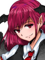  armband bat_wings black_vest blush breasts collared_shirt colored_eyelashes commentary_request dress_shirt eyelashes female head_wings highres juliet_sleeves koakuma long_hair long_sleeves looking_at_viewer necktie pointy_ears puffy_sleeves red_eyes red_hair red_necktie shiraniwa_rin shirt sidelocks simple_background slit_pupils smile solo touhou upper_body vest white_background white_shirt wings 