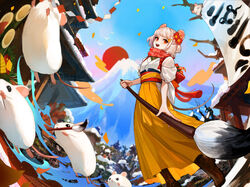  :d animal animal_ears blue_sky boots brown_footwear calligraphy_brush cheese_hair_ornament chinese_zodiac commentary_request day egasumi female flower food-themed_hair_ornament hair_flower hair_ornament hakama hakama_skirt highres holding holding_paintbrush japanese_clothes kakizome kimono mountain mouse_(animal) mouse_ears mouth_hold nengajou new_year nima_(niru54) obi open_mouth orange_hakama original outdoors paintbrush red_eyes red_flower sash short_eyebrows short_hair short_sleeves skirt sky smile solo standing tasuki teeth thick_eyebrows upper_teeth_only white_hair white_kimono year_of_the_rat 