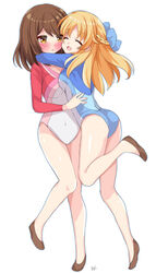  2girls asymmetrical_docking ballet_slippers bare_legs blonde_hair blue_bow blue_leotard blush bow breast_press breasts brown_eyes brown_hair closed_eyes commission covered_navel full_body girlfriend_(kari) gymnastics hairbow half_updo hug leotard long_hair long_sleeves medium_hair miyamori_raira multicolored_leotard multiple_girls open_mouth pixiv_commission ponytail rhythmic_gymnastics sasahara_nonoka shiina_kokomi short_hair simple_background smile white_background yuri 