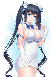  absurdres anarchojs bare_shoulders black_hair blue_bow blue_bowtie blue_eyes blunt_bangs bow bowtie breasts chinese_commentary cleavage closed_mouth commentary_request dress dungeon_ni_deai_wo_motomeru_no_wa_machigatteiru_darou_ka female gloves hair_ribbon hestia_(danmachi) highres large_breasts looking_at_viewer rei_no_himo ribbon short_dress smile solo thighs twintails white_dress white_gloves white_ribbon 