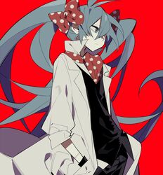  alternate_costume black_pants black_shirt blue_eyes blue_hair expressionless female flat_chest floating_hair hair_over_one_eye hair_ribbon half-closed_eyes hands_in_pockets hatsune_miku higa423 lab_coat long_hair looking_ahead pants polka_dot polka_dot_bandana polka_dot_ribbon protected_link red_background red_ribbon ribbon shaded_face shirt simple_background solo standing stitches twintails upper_body very_long_hair vocaloid 