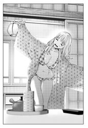  :d ass_visible_through_thighs bathrobe bikini blurry blurry_foreground blush breasts chiarashi_mahina closed_eyes depth_of_field facing_viewer female frilled_bikini frills greyscale head_tilt large_breasts long_hair monochrome nagashii_kouhei scary_campus_college_university smile solo standing swimsuit thigh_gap 