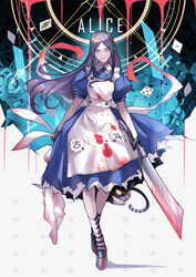  alice_liddell_(american_mcgee&#039;s_alice) american_mcgee&#039;s_alice apron ban!_(bansankan) black_hair blood blood_on_clothes blood_on_face carcass card cat_tail character_name cheshire_cat_(alice_in_wonderland) cleaver commentary dress female five_of_spades from_side highres pale_skin parted_bangs parted_lips playing_card rabbit red_eyes sharp_teeth shoes sidelocks skull smile socks solo striped_clothes striped_socks tail teeth weapon 