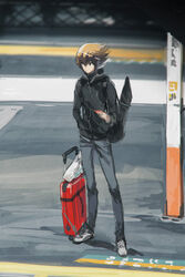  1boy black_jacket brown_eyes brown_hair closed_mouth commentary_request full_body grey_pants hair_between_eyes hand_in_pocket holding jacket looking_to_the_side male_focus moribuden multicolored_hair pants road shoes sneakers solo standing suitcase two-tone_hair white_footwear yu-gi-oh! yu-gi-oh!_gx yuki_judai 