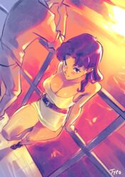  1boy against_railing backlighting bad_id bad_twitter_id bare_legs belt blush breasts cleavage commentary dress english_commentary female inactive_account kaji_ryouji katsuragi_misato large_breasts leg_up long_hair looking_at_viewer loose_belt neon_genesis_evangelion optionaltypo purple_eyes purple_hair railing short_dress side_slit solo_focus spaghetti_strap sunset thighs 