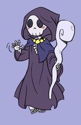  ambiguous_gender animated_skeleton blush bone cape clothing empty_eyes gesture holding_object humanoid jewelry rakkuguy robe shelley_(rakkuguy) simple_background skeleton solo staff undead waving 