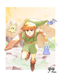  1boy absurdres bat_(animal) black_eyes border brown_footwear brown_hair dated green_headwear highres keese leever link long_sleeves looking_at_viewer male_focus orlek outdoors pointy_ears pols_voice shield sidelocks solo sword the_legend_of_zelda the_legend_of_zelda_(nes) tunic weapon 