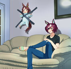  2girls abebe absurdres aged_down alternate_costume animal_ears black_shirt brown_hair crossed_legs denim duct_tape ear_ornament eyepatch figure_four_sitting highres horse_ears horse_girl horse_tail jeans kid_taped_to_wall_(meme) lolicon meme multicolored_hair multiple_girls pants parody purple_hair shirt short_hair sitting slippers streaked_hair t-shirt tail tanino_gimlet_(umamusume) umamusume vodka_(umamusume) yellow_eyes 