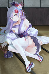  ahoge ass azur_lane bare_shoulders black_skirt blue_eyes breasts chinese_commentary commentary_request female flower hair_flower hair_ornament haori highres japanese_clothes kanzashi kimono long_hair looking_at_viewer miniskirt obi off_shoulder official_alternate_costume on_floor panties purple_hair red_flower ru_zhai sandals sash skirt sleeveless sleeveless_kimono small_breasts solo tatami thighhighs underwear unicorn_(azur_lane) unicorn_(prayer_of_plum_and_snow)_(azur_lane) white_panties white_thighhighs zouri 