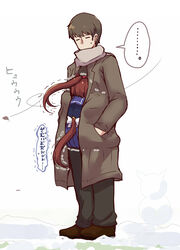  ... 1boy animal_ears brown_hair coat cold female full_body hand_in_pocket highres horse_ears horse_girl horse_tail hug leg_lock long_hair ponytail scarf school_uniform shared_clothes shared_coat snow snowman soramuko speech_bubble tail tokai_teio_(umamusume) tracen_school_uniform trainer_(umamusume) translated trembling umamusume wind winter_clothes winter_coat 