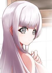  arm_at_side blunt_bangs breasts closed_mouth commentary_request d4dj female from_side grey_eyes grey_hair hand_on_own_chest hand_up highres hiraken holding holding_towel indoors izumo_saki light_smile long_hair looking_at_viewer looking_to_the_side medium_breasts nude out-of-frame_censoring portrait raised_eyebrows sidelocks solo steam tile_wall tiles towel 