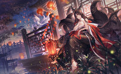  2girls absurdres aerial_fireworks akagi_(azur_lane) akagi_(dawn_phoenix&#039;s_summons)_(azur_lane) animal_ears architecture azur_lane bare_shoulders barefoot breasts chinese_clothes cleavage closed_mouth collarbone crossed_legs east_asian_architecture feet fireworks fox_ears fox_girl fox_tail gt-apex hair_ornament hanfu highres holding holding_mask japanese_clothes kaga_(azur_lane) kimono large_breasts long_hair long_sleeves looking_at_viewer mask multiple_girls multiple_tails official_alternate_costume short_hair sitting smile standing tail white_hair wide_sleeves 