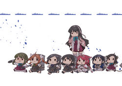  6+girls absurdres black_hair blazer box chibi commentary_request dress drum_(container) grey_legwear hair_down hairband halterneck highres jacket kagerou_(kancolle) kagerou_kai_ni_(kancolle) kantai_collection kawakaze_(kancolle) kawakaze_kai_ni_(kancolle) kuroshio_(kancolle) kuroshio_kai_ni_(kancolle) long_hair makinami_(kancolle) multicolored_hair multiple_girls naganami_(kancolle) naganami_kai_ni_(kancolle) nami_nami_(belphegor-5812) oyashio_(kancolle) pink_hair pleated_dress pleated_skirt school_uniform skirt suzukaze_(kancolle) takanami_(kancolle) thighhighs two-tone_hair vest wavy_hair white_hairband 