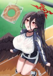  arms_at_sides black_choker black_hair black_wings blue_archive blue_jacket breasts choker commentary doughnut feathered_wings female food from_above full_body grass gym_uniform hair_between_eyes halo hasumi_(blue_archive) hasumi_(track)_(blue_archive) high_ponytail highres huge_breasts jacket knees_together_feet_apart long_hair long_sleeves looking_at_object looking_up low_wings mole mole_under_eye official_alternate_costume open_mouth outdoors partially_unzipped red_eyes shirt short_shorts shorts sidelocks smodzz998 socks solo standing sweat teeth text_print thighs track_and_field track_jacket upper_teeth_only v-shaped_eyebrows very_long_hair wet wet_clothes wet_shirt white_shirt white_socks wings 