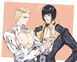  2boys black_hair blonde_hair blue_eyes bob_cut bruno_bucciarati bruno_bucciarati_(cosplay) cleavage_cutout clothing_cutout cosplay costume_switch hair_ornament hairclip jewelry jojo_no_kimyou_na_bouken magatama magatama_necklace male_focus multiple_boys necklace prosciutto prosciutto_(cosplay) vento_aureo wrist_cuffs yepnean zipper 