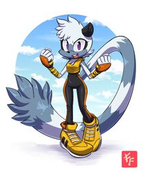  2020 5_fingers anthro black_nose blue_body blue_fur chest_tuft clothing digital_media_(artwork) female fingers fist footwear fur gloves handwear head_tuft hi_res idw_publishing lemur long_tail mammal markings primate purple_eyes ring_(marking) ringtail sega shoes signature solo sonic_the_hedgehog_(comics) sonic_the_hedgehog_(idw) sonic_the_hedgehog_(series) standing strepsirrhine suit tail_markings tail_tuft tangle_the_lemur toto_draw tuft wraps 