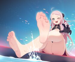  ;d absurdres ahoge bare_legs barefoot black_gloves black_shirt blue_eyes blush breasts bun_cover china_dress chinese_clothes coat commission dot_nose dress english_commentary eutopia_(love_live!) feet female fish fish_background foot_focus full_body gloves hair_ornament highres legs long_coat long_hair looking_at_viewer love_live! love_live!_nijigasaki_high_school_idol_club maidforge mixed-language_commentary mole mole_under_eye official_alternate_costume one_eye_closed open_mouth pink_coat pink_hair shirt sitting smile soles solo splashing tassel tassel_hair_ornament thighs toes two_side_up v-shaped_eyebrows water wet zhong_lanzhu 