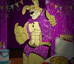  2020 anthro bow_tie buckteeth cake candle clothing container curtains dessert five_nights_at_freddy&#039;s fnaf_vr_help_wanted food gift glitchtrap hand_on_curtain humanoid lagomorph leporid male mammal muscular pizza pizza_box purple_bow_tie purple_clothing purple_eyes purple_topwear purple_underwear purple_vest rabbit scottgames solo sondinker_fazbear&#039;s spring_bonnie_(fnaf) teeth topwear underwear vest video_cassette yellow_body 