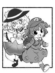  2girls :d backpack bag blush boots border collared_shirt eyeball flat_cap frilled_shirt_collar frilled_sleeves frills full_body greyscale hair_bobbles hair_ornament hat heart heart_of_string kawashiro_nitori komeiji_koishi long_sleeves monochrome multiple_girls open_mouth outside_border pocket puffy_sleeves shirt short_hair short_twintails simple_background skirt smile standing third_eye touhou twintails two_side_up wavy_hair white_background wide_sleeves zubatto_(makoto) 