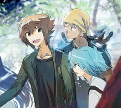  3boys alternate_costume bandana black_eyes black_hair black_shirt blue_hair blurry blurry_background brown_eyes brown_hair closed_mouth commentary_request earrings green_jacket hair_between_eyes jacket jewelry light_blue_hair looking_at_another looking_to_the_side magatama magatama_earrings male_focus marufuji_sho medium_hair moribuden multicolored_hair multiple_boys open_clothes open_jacket open_mouth pince-nez shirt short_hair smile teeth tree two-tone_hair tyranno_kenzan upper_body upper_teeth_only white_shirt yellow_headwear yu-gi-oh! yu-gi-oh!_gx yuki_judai 