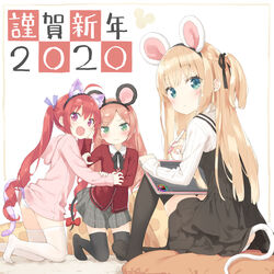  2020 3girls :d animal_ear_fluff animal_ears black_dress black_hairband black_legwear black_ribbon blonde_hair blush brown_hair cat_ears cat_girl cat_tail chinese_zodiac closed_mouth collared_shirt commentary_request drawing_tablet dress fake_animal_ears green_eyes grey_skirt hair_ribbon hairband hazuki_watora highres holding holding_stylus hood hood_down hoodie jacket kani_biimu kneeling knees_up long_hair long_sleeves minazuki_sarami mouse_ears mouse_girl mouse_tail multiple_girls no_shoes oerba_yun_fang one_side_up open_mouth original panties parted_bangs pink_hoodie pleated_skirt purple_eyes pushing_away pushing_face red_hair red_jacket ribbon shimotsuki_potofu shirt sitting skirt sleeveless sleeveless_dress sleeves_past_wrists smile stylus tail thighhighs twintails underwear v-shaped_eyebrows very_long_hair wavy_mouth white_legwear white_panties white_shirt year_of_the_rat 