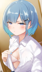  blue_eyes blue_hair blue_nails blush bra breasts closed_mouth collared_shirt commentary_request dress_shirt female hair_ornament hairclip hand_up highres indoors kijibato_123-gou looking_at_viewer nail_polish open_clothes open_shirt original paid_reward_available rabbit_hair_ornament selfie shirt short_hair small_breasts solo underwear upper_body white_bra white_shirt 