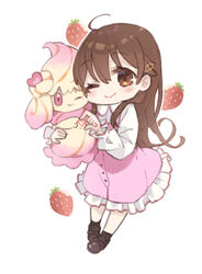  2girls ahoge alcremie alcremie_(strawberry_sweet) black_footwear black_legwear blush brown_eyes brown_hair buttons check_commentary cheek-to-cheek chibi closed_mouth collared_dress commentary_request crossover dress fingers_together food frills fruit full_body hair_between_eyes hair_ornament hairclip heads_together heart holding holding_pokemon hololive kase_(kurimuzone_oruta) long_hair long_sleeves looking_at_viewer multiple_girls official_alternate_costume one_eye_closed pinafore_dress pink_dress pink_eyes pokemon pokemon_(creature) pokemon_swsh shoes simple_background sleeveless sleeveless_dress smile socks standing star_(symbol) star_hair_ornament strawberry tokino_sora tokino_sora_(old_design) very_long_hair virtual_youtuber white_background white_dress 