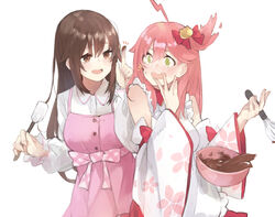  2girls :d ahoge apron bare_shoulders bell blush bow bowl brown_eyes brown_hair buttons cherry_blossom_print chocolate chocolate_on_face collared_dress commentary detached_sleeves dress dropping embarrassed expressive_hair floral_print food food_on_face frilled_apron frilled_sleeves frills gingham green_eyes hair_between_eyes hair_flaps hair_ornament hair_over_one_eye hair_ribbon hairbow hand_on_own_face heart holding holding_spatula holding_whisk hololive japanese_clothes kase_(kurimuzone_oruta) long_hair long_sleeves looking_at_another mixing_bowl multiple_girls nontraditional_miko nose_blush notice_lines official_alternate_costume open_mouth pinafore_dress pink_dress pink_hair pointing pointing_up raised_eyebrows ribbon sakura_miko sakura_miko_(1st_costume) side_ponytail simple_background sleeveless sleeveless_dress smile spatula tokino_sora tokino_sora_(old_design) very_long_hair virtual_youtuber waist_bow whisk white_apron white_background white_dress wide_sleeves 