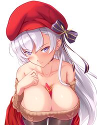  absurdres aran_sweater azur_lane bare_shoulders belfast_(azur_lane) belfast_(shopping_with_the_head_maid)_(azur_lane) blush bow breasts brown_pantyhose brown_sweater cable_knit choker cleavage collarbone commentary earrings female food food_between_breasts hand_on_own_chest hat hat_bow highres holding holding_food hoop_earrings jewelry large_breasts leaning_forward long_hair looking_at_viewer off-shoulder_sweater off_shoulder official_alternate_costume pantyhose pocky revision shenqi_(toid310) skirt solo sweater upper_body white_background white_hair 