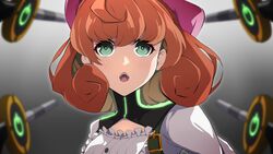  female frilled_shirt_collar frills gradient_background green_eyes grey_background hair_ribbon light_blush looking_at_viewer medium_hair open_mouth orange_hair pakotaroh penny_polendina pink_ribbon power_symbol ribbon rwby solo turtleneck upper_body 