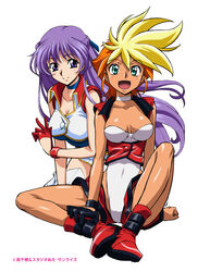  2girls absurdres aqua_eyes blonde_hair boots braid breasts choker cleavage dirty_pair dirty_pair_flash dyed_bangs earrings french_braid full_body gloves highres jewelry kei_(dirty_pair_flash) kimura_takahiro long_hair looking_at_viewer medium_breasts multicolored_hair multiple_girls non-web_source official_art open_mouth orange_hair purple_eyes purple_hair red_footwear short_hair simple_background single_glove smile stud_earrings thigh_boots thighhighs two-tone_hair underbust white_background yuri_(dirty_pair_flash) 