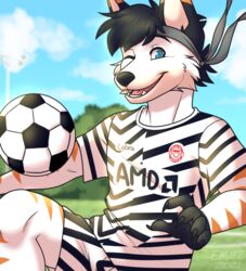  2021 accessory amd anthro antoine_darkstar black_hair black_paws black_stripes blue_eyes canid canine clothing emiiz football_player fox fur hair half-length_portrait headband male male_anthro mammal markings orange_stripes portrait soccer_jersey soccer_uniform solo sportswear striped_markings stripes teal_eyes uniform white_body white_clothing white_fur 