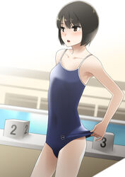  :o adjusting_clothes adjusting_swimsuit arm_behind_back armpits bare_shoulders blue_one-piece_swimsuit blurry blurry_background blush bob_cut breasts brown_eyes brown_hair collarbone commentary competition_school_swimsuit cowboy_shot depth_of_field diving_block dutch_angle female highres indoors light_blush looking_afar looking_ahead new_school_swimsuit one-piece_swimsuit open_mouth original pen-racket pool poolside school_swimsuit short_hair small_breasts solo standing swimsuit swimsuit_tug teeth upper_teeth_only 