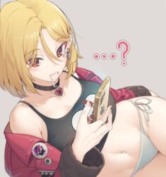  ...? anti-eyebrow_piercing bare_shoulders black_choker black_survival black_tank_top blonde_hair blush breasts brown_eyes candy cellphone choker closed_mouth collarbone commentary crop_top dated_commentary eyebrow_piercing female food food_in_mouth grey_background groin hair_between_eyes hart_floyd heart heart_choker highres holding holding_phone hop3 jacket keyhole large_breasts lip_piercing lollipop long_sleeves looking_at_viewer lying navel no_pants off_shoulder on_side panties phone piercing red_jacket short_hair side-tie_panties sidelocks simple_background smartphone solo stomach tank_top underwear white_panties 