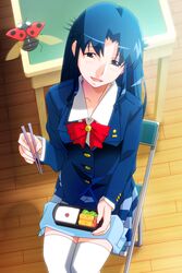  bento blazer blue_eyes blue_hair blue_skirt bug chopsticks feet_out_of_frame female from_above fujiwara_aya holding holding_chopsticks indoors jacket ladybug long_hair long_sleeves looking_at_viewer non-web_source official_art on_chair open_mouth photoshop_(medium) pleated_skirt school_uniform sitting skirt solo super_real_mahjong tanaka_ryou thighhighs white_thighhighs wooden_floor 