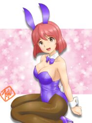  absurdres animal_ears artist_logo bow bowtie breasts brown_eyes brown_pantyhose cleavage commentary_request detached_collar felniam female highres kneeling large_breasts leotard looking_at_viewer original pantyhose playboy_bunny purple_bow purple_bowtie purple_leotard rabbit_ears rabbit_tail red_hair short_hair solo strapless strapless_leotard tail wrist_cuffs 