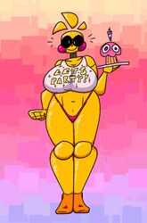  2020 animatronic anthro avian beakless bib big_breasts biped bird black_sclera blush blush_stickers breasts candle chicken clothing cupcake_(fnaf) curvy_figure digital_media_(artwork) duo english_text feet female fist five_nights_at_freddy&#039;s five_nights_at_freddy&#039;s_2 floating_hair galliform gallus_(genus) gradient_background happy hi_res huge_breasts long_legs looking_at_viewer machine non-mammal_breasts orange_feet phasianid pink_clothing pink_thong pink_underwear plate qoolbunart robot scottgames simple_background smile solo text thong toy_chica_(fnaf) underwear voluptuous white_eyes wide_hips yellow_body 