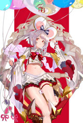  2020 absurdres animal animal_ears balloon blurry bow bowtie brooch chinese_zodiac collared_shirt crop_top crop_top_overhang female granblue_fantasy grey_hair hair_ornament hairband hairclip heart heart_brooch highres holding holding_balloon jewelry kumonji_aruto leg_up loafers long_sleeves looking_at_viewer midriff miniskirt mouse_(animal) mouse_ears navel parted_lips pleated_skirt red_eyes shirt shoes short_hair skirt socks solo thigh_strap thighs vikala_(granblue_fantasy) white_shirt white_skirt wide_sleeves year_of_the_rat 