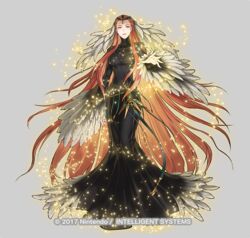  absurdly_long_hair ashera_(fire_emblem) belly_chain black_dress closed_mouth copyright_notice dress feather_hair_ornament feather_trim feathers female fire_emblem fire_emblem:_radiant_dawn fire_emblem_heroes full_body hair_ornament hair_slicked_back jewelry kita_senri long_hair looking_at_viewer magic mermaid_dress official_art outstretched_arm red_eyes red_hair sleeves_past_wrists solo very_long_hair 