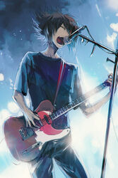  1boy black_pants black_shirt brown_hair closed_eyes commentary cowboy_shot electric_guitar guitar holding holding_instrument instrument male_focus microphone moribuden music open_mouth pants playing_instrument shirt short_hair singing solo symbol-only_commentary yu-gi-oh! yu-gi-oh!_gx yuki_judai 