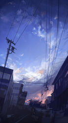  black_hair black_hoodie building closed_mouth cloud cloudy_sky commentary_request female head_rest highres hood hoodie looking_at_viewer moribuden original outdoors power_lines scenery short_hair sky solo squatting sunset utility_pole wide_shot 