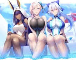  3girls :d animal_ears bare_arms bare_legs bare_shoulders beach_umbrella between_legs black_one-piece_swimsuit blue_bow blue_eyes blue_one-piece_swimsuit blunt_bangs blush bow breasts breasts_squeezed_together bun_cover closed_mouth collarbone competition_swimsuit crossed_legs cup dark-skinned_female dark_skin day drink drinking_glass earrings ears_through_headwear fate/grand_order fate_(series) hair_between_eyes hairbow hand_between_legs hand_on_own_chest hand_on_own_knee high_ponytail highres hoop_earrings jackal_ears jewelry large_breasts lens_flare long_hair looking_at_viewer medjed_(fate) miyamoto_musashi_(fate) miyamoto_musashi_(swimsuit_berserker)_(fate) miyamoto_musashi_(swimsuit_berserker)_(first_ascension)_(fate) multicolored_clothes multicolored_swimsuit multiple_girls necklace nitocris_(fate) nitocris_(swimsuit_assassin)_(fate) nitocris_(swimsuit_assassin)_(second_ascension)_(fate) one-piece_swimsuit open_mouth outdoors pink_hair pool purple_eyes purple_hair red_eyes shiroshisu sidelocks smile soaking_feet swept_bangs swimsuit thigh_strap tomoe_gozen_(fate) tomoe_gozen_(swimsuit_saber)_(fate) tomoe_gozen_(swimsuit_saber)_(first_ascension)_(fate) two-tone_swimsuit umbrella very_long_hair water white_hair white_one-piece_swimsuit 