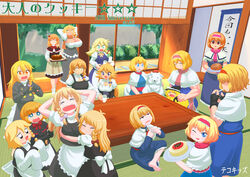  6+girls absurdres ahoge akane_(cookie) alice_margatroid alternate_muscle_size apron arms_around_waist azusa_(cookie) barefoot black_capelet black_dress black_gloves blonde_hair blue_bow blue_dress blue_eyes bow bowtie braid breasts bush buttons cake canine capelet chocolate_cake cigarette closed_eyes closed_mouth commentary_request cookie_(touhou) crossed_legs cup dress dropping elbow_gloves english_text fingerless_gloves food frilled_apron frilled_capelet frilled_sash frills fruit glass gloves hair_between_eyes hairband hairbow hands_on_own_head hanging_scroll hat hat_bow headpat highres hinase_(cookie) hug huge_breasts ichigo_(cookie) jigen_(cookie) kirisame_marisa kneeling koga_(cookie) kohaku_(cookie) large_bow large_breasts leonardo_16sei lighter lighting_cigarette long_hair looking_at_another looking_at_viewer mars_(cookie) medium_breasts medium_hair meguru_(cookie) mofuji multiple_girls muscular muscular_female neck_ribbon necktie no_eyes oerba_yun_fang one_eye_closed open_mouth orange_(fruit) orange_eyes orange_slice path pink_bow pink_necktie puffy_short_sleeves puffy_sleeves purple_bow purple_eyes red_bow red_bowtie red_eyes red_necktie red_star rei_(cookie) ribbon ruka_(cookie) sakuranbou_(cookie) sash scroll shaded_face sharp_teeth short_hair short_sleeves side_braid signature single_braid sitting small_breasts smile socks standing star_(symbol) strawberry suzu_(cookie) table taisa_(cookie) tatami teeth tokin_hat touhou translated tree uzuki_(cookie) very_long_sleeves waist_apron web_(cookie) white_bow white_capelet white_legwear witch_hat wolf wooden_table x_fingers yellow_eyes yellow_ribbon yuuhi_(cookie) 