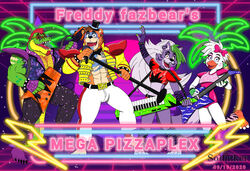  alligator alligatorid avian bear bird body_hair canid canine canis chest_hair chicken clothed clothing crocodilian electronics female female/female five_nights_at_freddy&#039;s five_nights_at_freddy&#039;s:_security_breach galliform gallus_(genus) glamrock_chica glamrock_freddy group humanoid male male/male mammal microphone montgomery_gator muscular phasianid reptile roxanne_wolf scalie scottgames shirt sondinker_fazbear&#039;s steel_wool_studios topwear torn_clothing torn_shirt torn_topwear wolf 