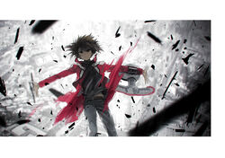  1boy black_shirt brown_eyes brown_hair city cityscape closed_mouth commentary_request duel_academy_uniform_(yu-gi-oh!_gx) duel_disk feet_out_of_frame from_above hair_between_eyes highres jacket letterboxed long_sleeves looking_at_viewer male_focus monochrome_background moribuden multicolored_hair open_clothes open_jacket outstretched_arms red_jacket shirt short_hair solo yu-gi-oh! yu-gi-oh!_gx yuki_judai 