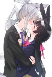  2girls animal_ear_fluff animal_ears black_hair black_jacket blazer blush bow bowtie closed_eyes commentary_request french_kiss from_side grey_hair hair_ornament hair_ribbon hairbow hairclip highres higuchi_kaede higuchi_kaede_(1st_costume) hug jacket kemonomimi_mode kissing long_hair long_sleeves mole mole_under_eye multiple_girls myama necktie nijisanji pink_bow pink_bowtie pink_ribbon ponytail purple_necktie rabbit_ears ribbon school_uniform simple_background tsukino_mito tsukino_mito_(1st_costume) very_long_hair virtual_youtuber white_background white_bow yuri 