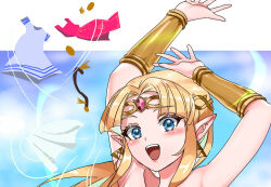  arms_up belt blonde_hair blue_eyes blush bracer circlet commentary_request dress female long_hair looking_at_viewer open_mouth out-of-frame_censoring pink_gemstone pointy_ears princess_zelda smile solo teeth the_legend_of_zelda the_legend_of_zelda:_a_link_between_worlds undressing unworn_belt unworn_dress upper_teeth_only wasabi_(legemd) 