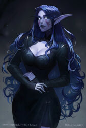  artist_name black_dress black_hair breasts collarbone cowboy_shot dress elf female highres large_breasts long_hair long_sleeves margelmargaret night_elf_(warcraft) pointy_ears smile solo warcraft white_eyes 