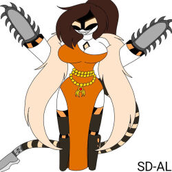  1:1 alice_(murder_drones) artgoddesses big_breasts blade breasts brown_hair chainsaw chainsaw_arm cleavage clothed clothing disassembly_drone dress evil_grin female full-length_portrait glitch_productions hair hand_on_hip humanoid jewelry looking_at_viewer machine mechanical_arm mechanical_leg mechanical_tail murder_drones not_furry orange_clothing orange_dress orange_eyes portrait power_tool robot robot_humanoid screen screen_face smile solo tail tail_blade tailed_humanoid thin_calves thin_legs thin_thighs tools unusual_anatomy unusual_tail weapon_tail 